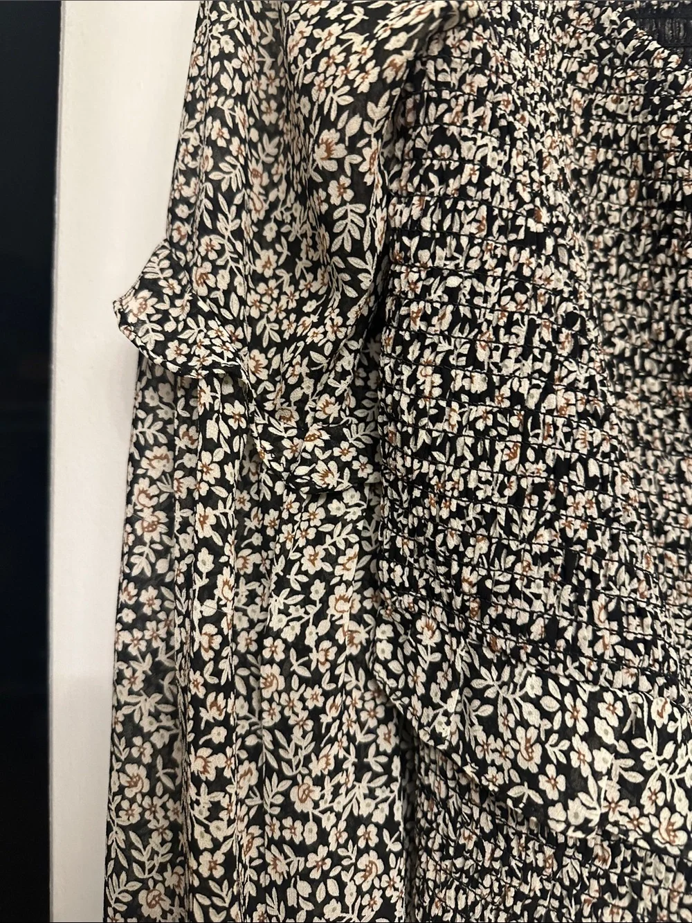 Astr Smocked Floral V-Neck Blouse - Black & Cream
